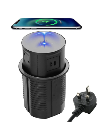 COSMOTECH Pop-Up Desk Cable Cubby – Cylindrical Desk Grommet with USB & Power Ports, Wireless Phone Charging 65 W, Pop-Up Design for Office & Home