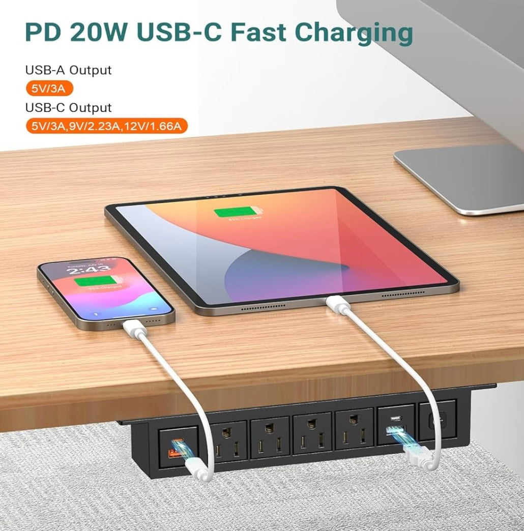 COSMOTECH Under-Desk Power & Connectivity Hub – 3 Power, 2 USB, HDMI, Network Ports (Larger)