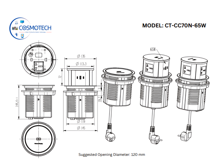 COSMOTECH Pop-Up Desk Cable Cubby – Cylindrical Desk Grommet with USB & Power Ports, Wireless Phone Charging 65 W, Pop-Up Design for Office & Home