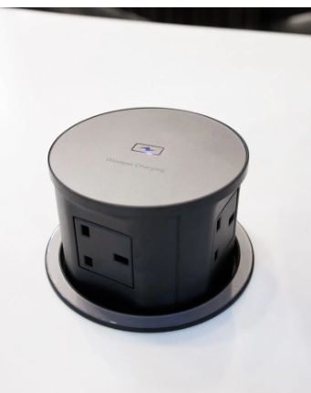 COSMOTECH Pop-Up Desk Cable Cubby – Cylindrical Desk Grommet with USB & Power Ports, Wireless Phone Charging 65 W, Pop-Up Design for Office & Home